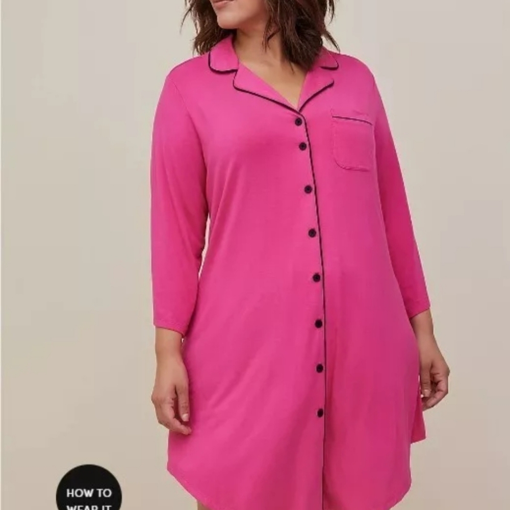 Torrid Pink Button Sleep Gown Nightshirt W/Pocket Black Trim Size 1